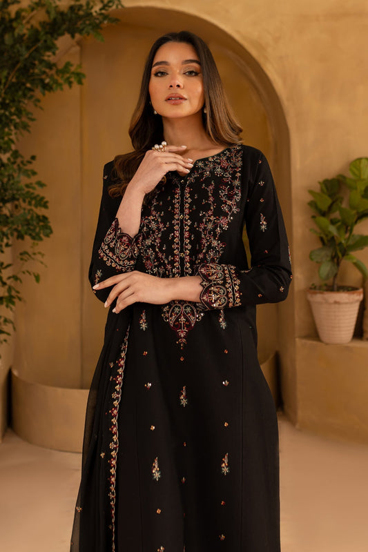 Black Wine - 3Pc Embroidered Dress