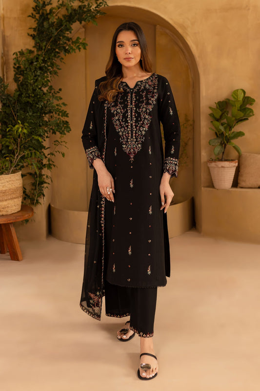 Black Wine - 3Pc Embroidered Dress
