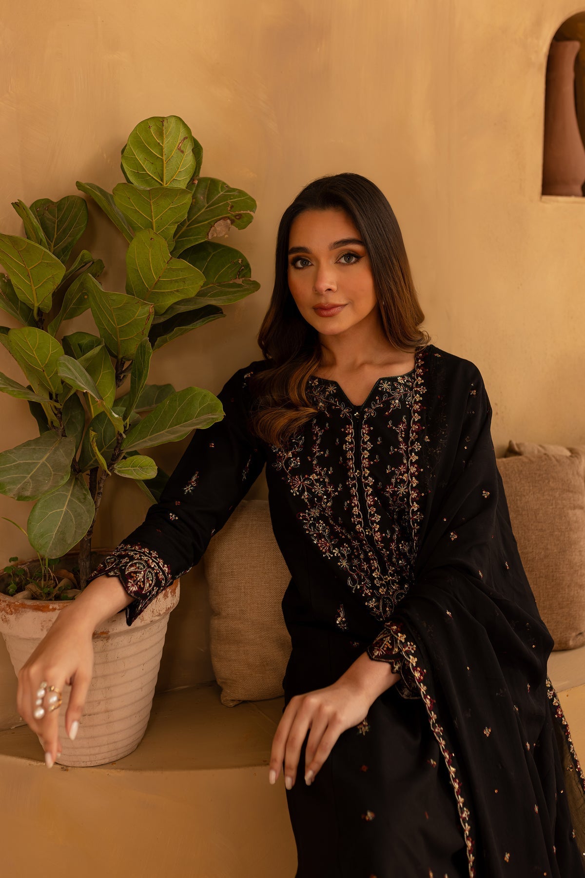 Black Wine - 3Pc Embroidered Dress