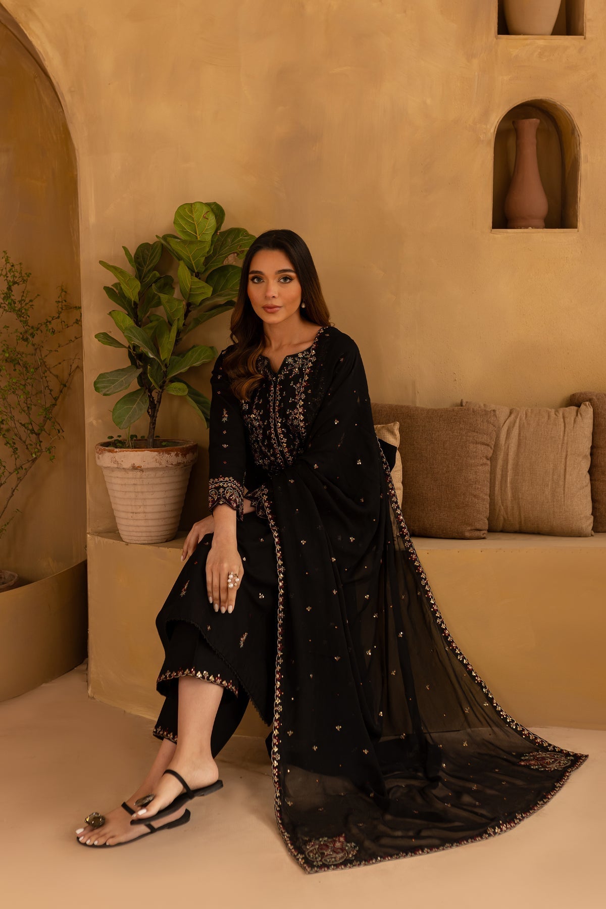 Black Wine - 3Pc Embroidered Dress