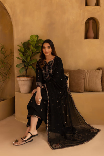 Black Wine - 3Pc Embroidered Dress
