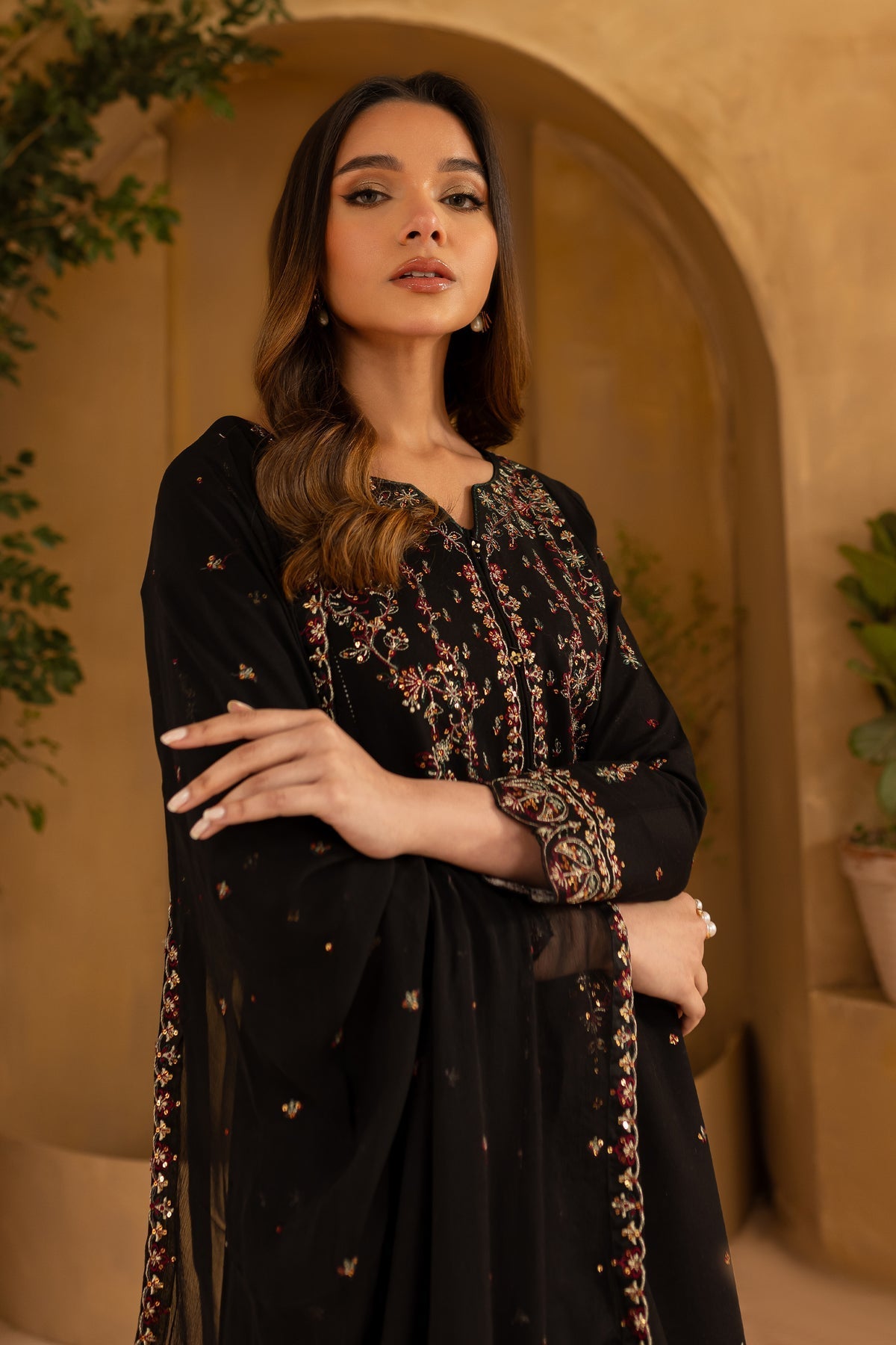 Black Wine - 3Pc Embroidered Dress