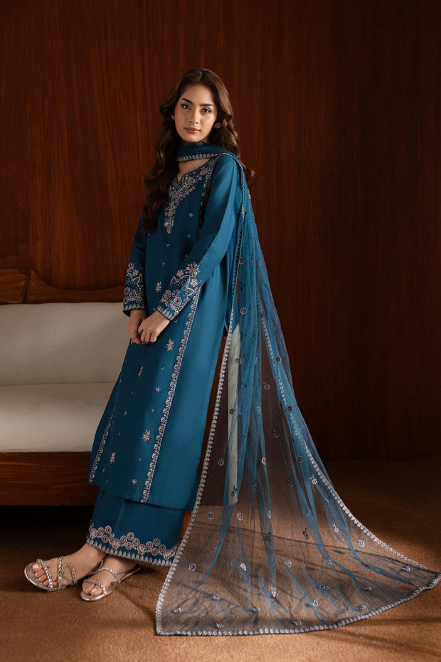 Blue Twinke - 3Pc Embroidered Dress